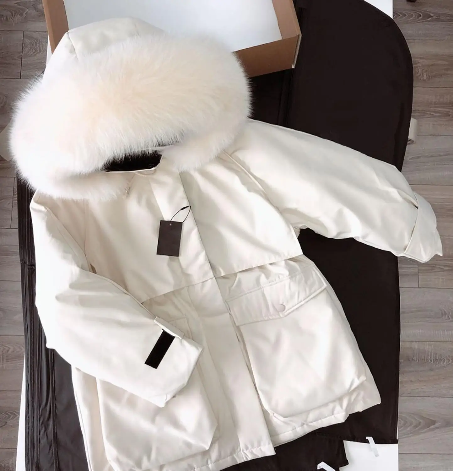 

Ailegogo Natural Fur Collar Hooded White Duck Down Parkas Casual Female Winter Thickness Warm Snow Coat Sash Tie Up Outwear