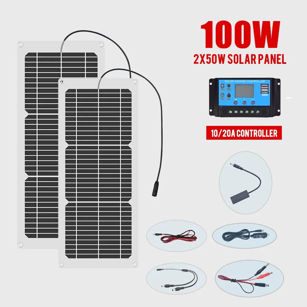 

Solar Panel Flexible 12V 100W 50W /h / day With 10A 12V 24V Controller Car Charger For RV Car Boat LCD Display PWM Controller