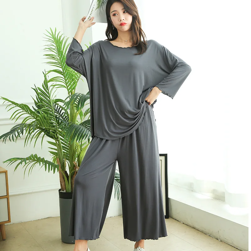

New Women Autumn Home Suits Plus Size Loose Long-sleeved Pajamas Two-piece Set Nine-point Wide Leg Pants Pijama Sleepwear Femme