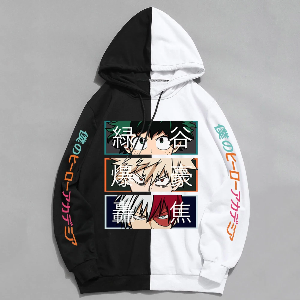 Anime My Hero Academia Hoodies Cool Shoto Todoroki Bakugou Deku Pullover Hooded Sweatshirt Patchwork Men's Long Sleeve Tops