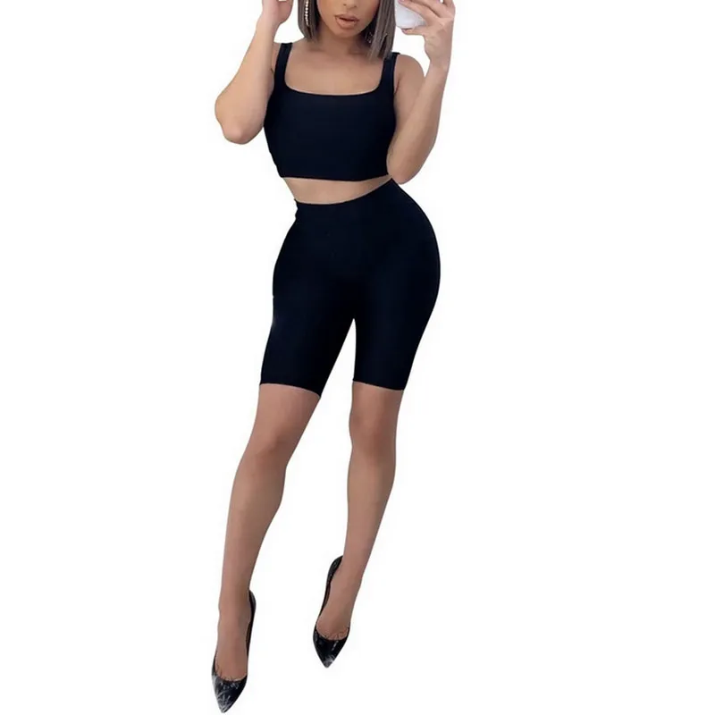 

Summer Women Two Piece Set Sport Fashion No-Sleeve Pullover Cropped Shirt High-Waist Shorts Solid Color Gym Slim Casual 2PCS Set