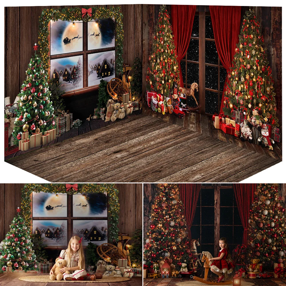 

Christmas Window Photography Background Winter Night Xmas Trees Newborn Birthday Backdrop Gift Toys Curtain Kids Portrait Studio