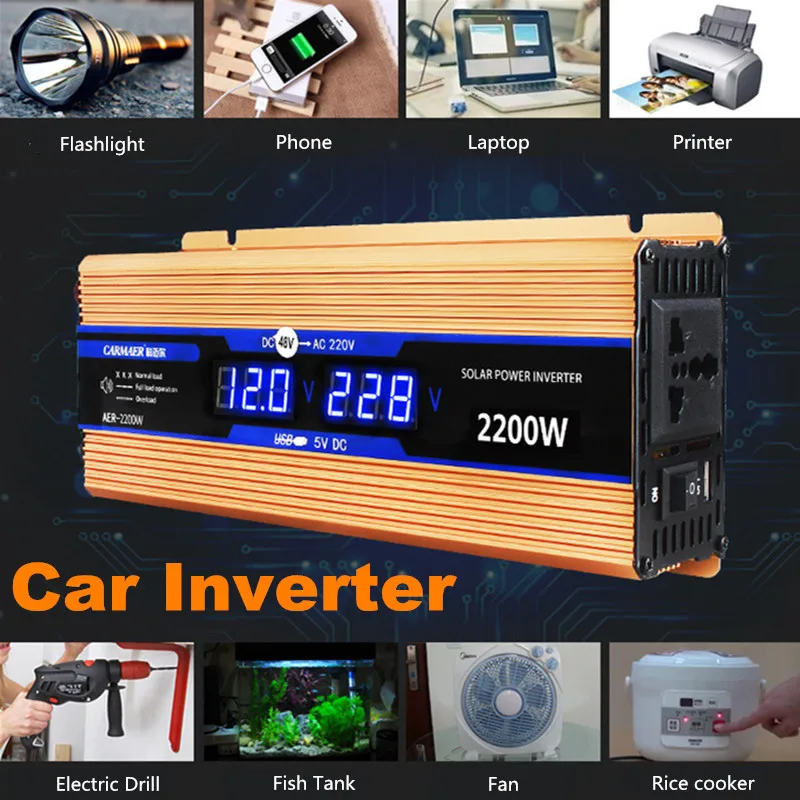 Инвертор 500/1200/2200 Вт AC/DC 12 V/AC 220V умная двойная ЖК-дисплей Дисплей Напряжение трансформатор Синусоидальная волна Мощность автомобильный инвертирующий усилитель Мощность