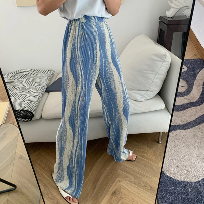 SHENGPALAE 2020 Summer New Rendered Color Stripe Pleated High Waist Was Thin Wide-leg Pants Trendy Women's Trousers QV1009 | Женская