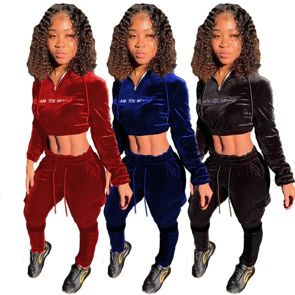 Осенний Бархатный спортивный костюм с надписью укороченный топ на молнии