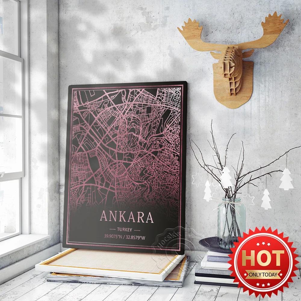

Ankara Turkey Blank Pink Line City Map Art Poster, Modern Simple Bedchamber Home Decor Wall Picture, Tavel City Map Decor Mural