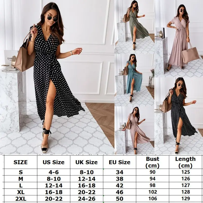 

Fashion Ladies Summer Holiday Beach Sundress Women Wrap V Neck Polka Dot Long Maxi Dress Eye-Catching Soft Comfort Split Dresses