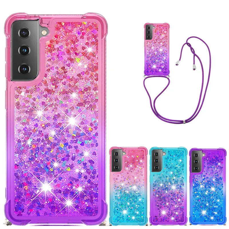 

Strap Lanyard Quicksand Phone Case For Samsung Galaxy S20 S21 Plus Note 20 Ultra 4G 5G Soft TPU Glitter Liquid Back Cover Funda