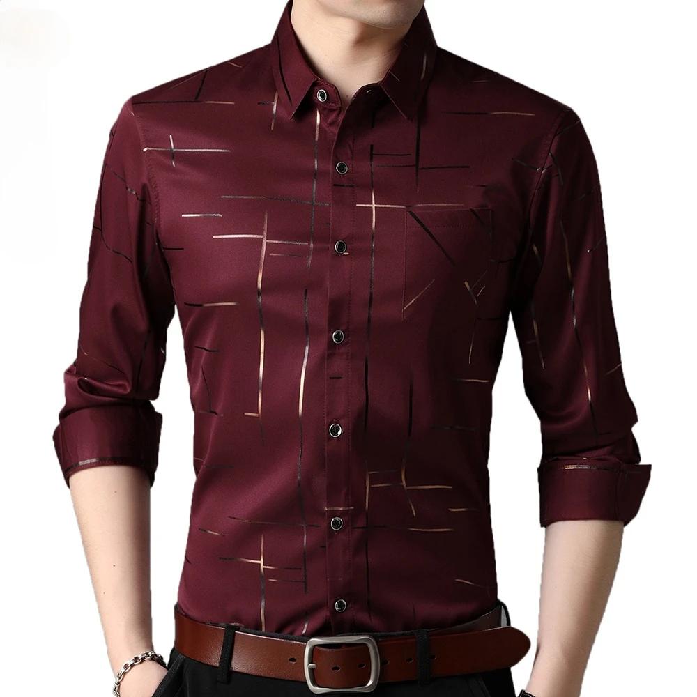 

2021 Long Sleeve Men Social Shirt Summer Streetwear Casual Pocket Line Shirts Dress Mens Slim Regular Fit Clothes Fashions