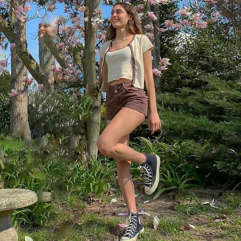 Summer Brown Denim Shorts Streetwear Women Ripped Fashion Cargo Pockets Sweatshorts Cotton High Waisted Jean | Женская одежда