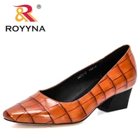 royyna 2021 new designers dress shoes casual women shallow pointed toe thick heels solid fashion slip on pumps ladies work shoe