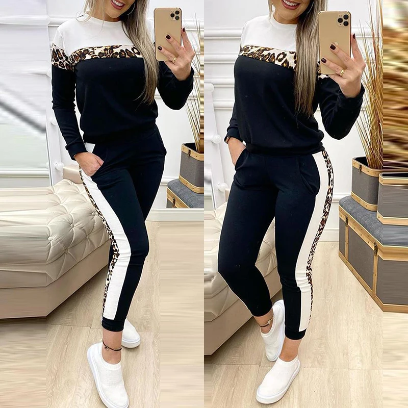 

Jogging Women's Sportwear Two Pieces Suit 2021 Autumn new Casual Cheetah Print Colorblock Long Sleeve Top Pants Set Gym Clothes