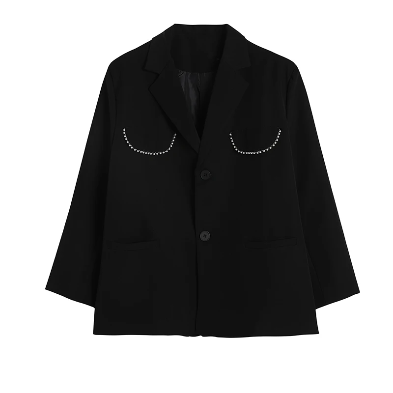 

TVOVVIN Veste Femme Black Beading 2021 Spring Autumn Vintage Blazer Women Single Button Korean Loose Blazer Femme Streetwear K80