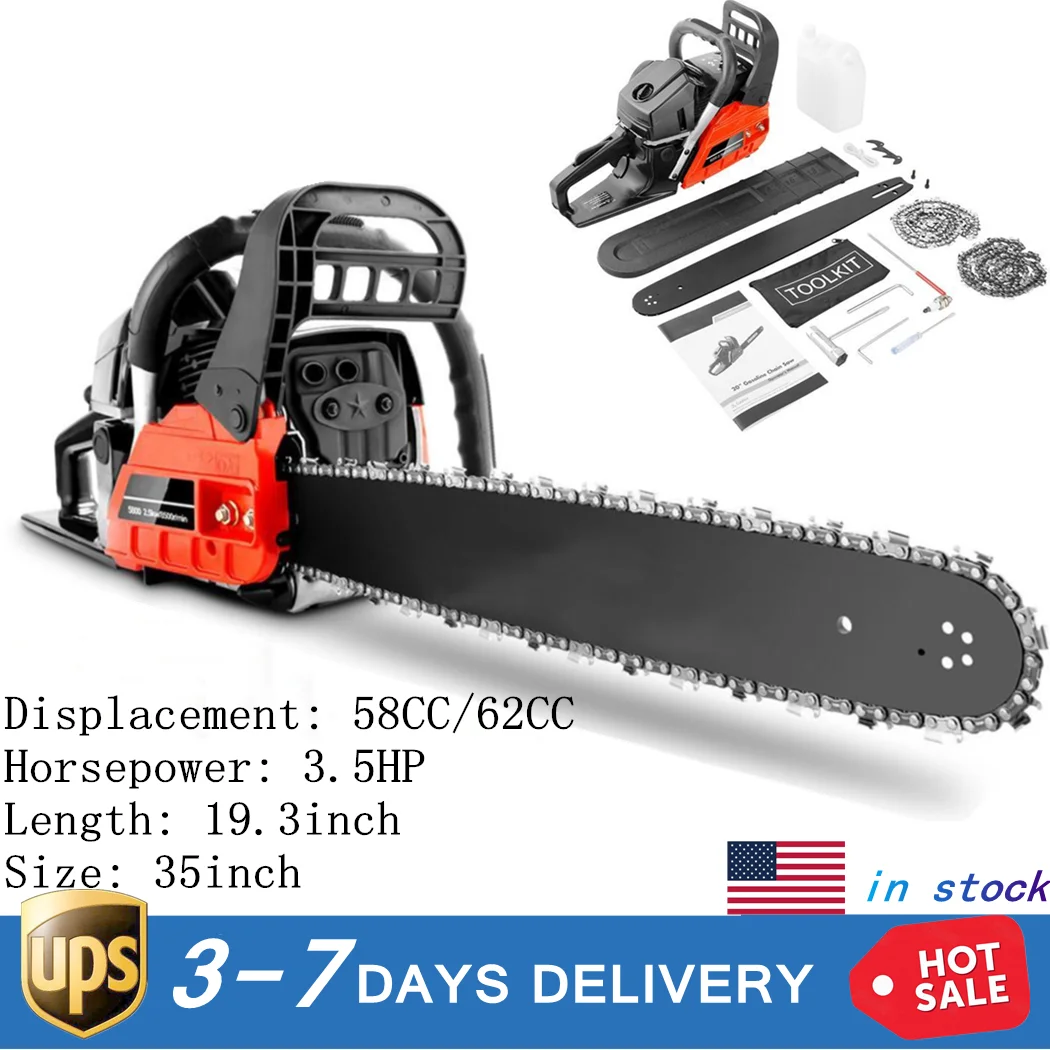 19.3inch 3.5HP Guide Board Chainsaw Gasoline Powered Handheld Chain Saw 58CC/62CC Engine for Cutting Trees, Wood, Garden and Far