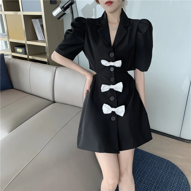 

COIGARSAM Sexy Women dress New Fashion Puff Sleeve Bow Backless Dresses Pink White Black 5292