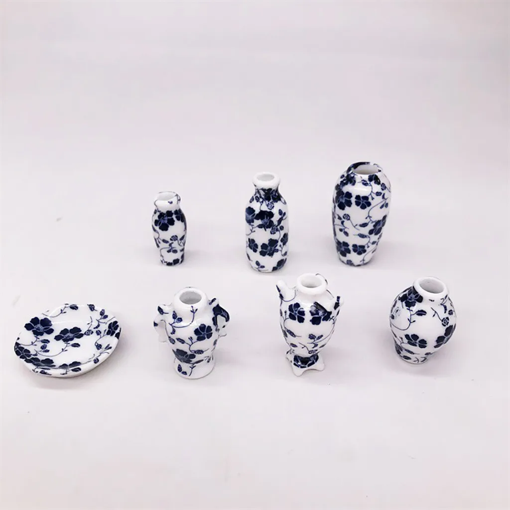 

7pcs/set Miniature Dollhouse Mini Ceramic Vase Exquisite Kitchen Decoration Accessories Decorative Miniature Porcelain Figurines