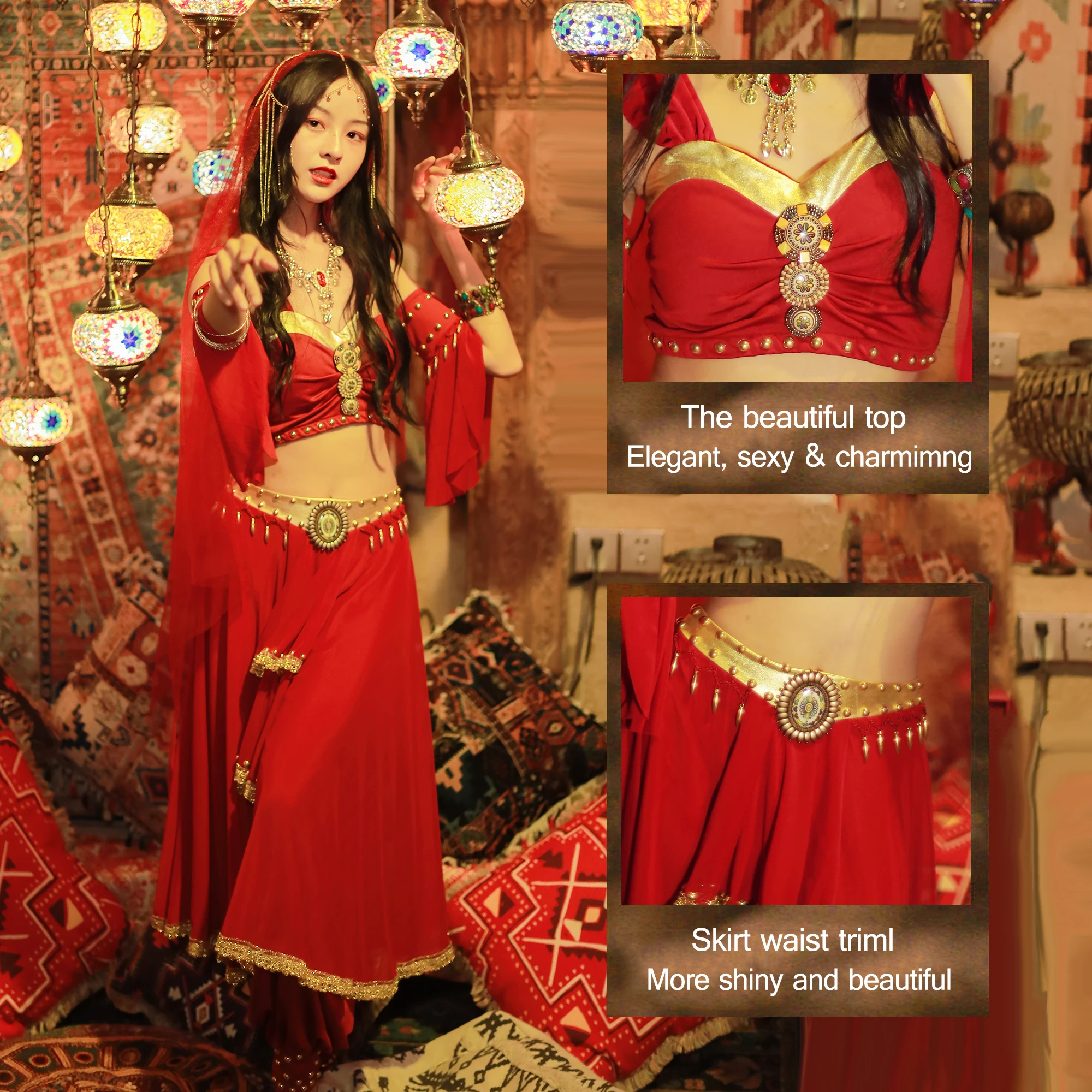 Женская одежда для Хэллоуина костюмы танца живота головной убор фата топ брюки