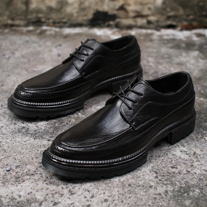 

Leather Shoes Men's Leather Autumn and Winter New Business Suits British Carved Thick-soled Oxford Shoes Plus Velvet Warm Shoes