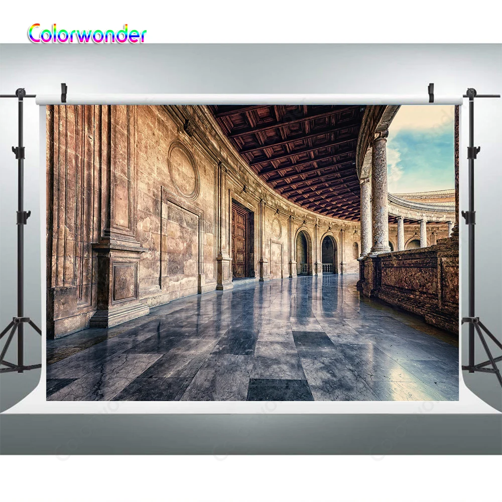 Испанское старинное здание замок дворец коридор кирпичный фон для фотографии
