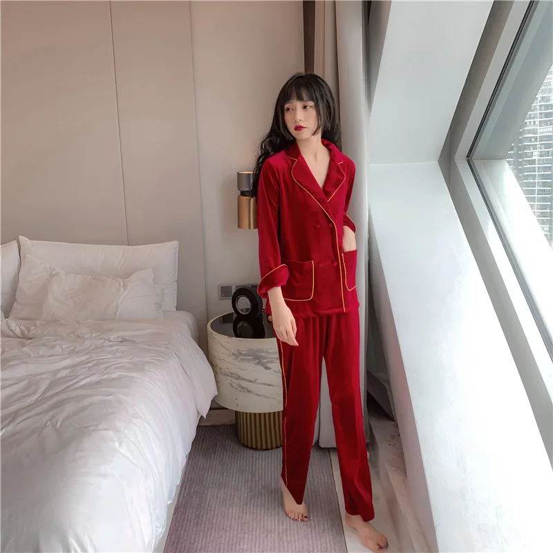 

Red Pajamas Wedding Couple Night gowns Female Gold Velvet Suit Men's Home Wear Casual Soft Bathrobe Women Sleepwear Pijama Mujer
