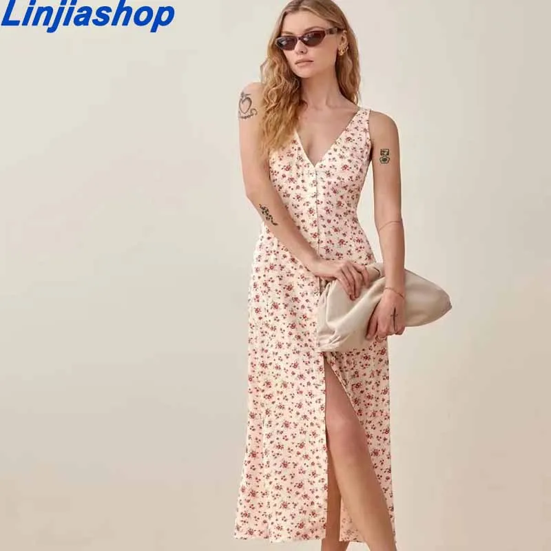 

Повседневные длинные платья с принтом на бретельках для женщин, летние трапециевидные платья с V-образным вырезом, модные платья без рукаво...