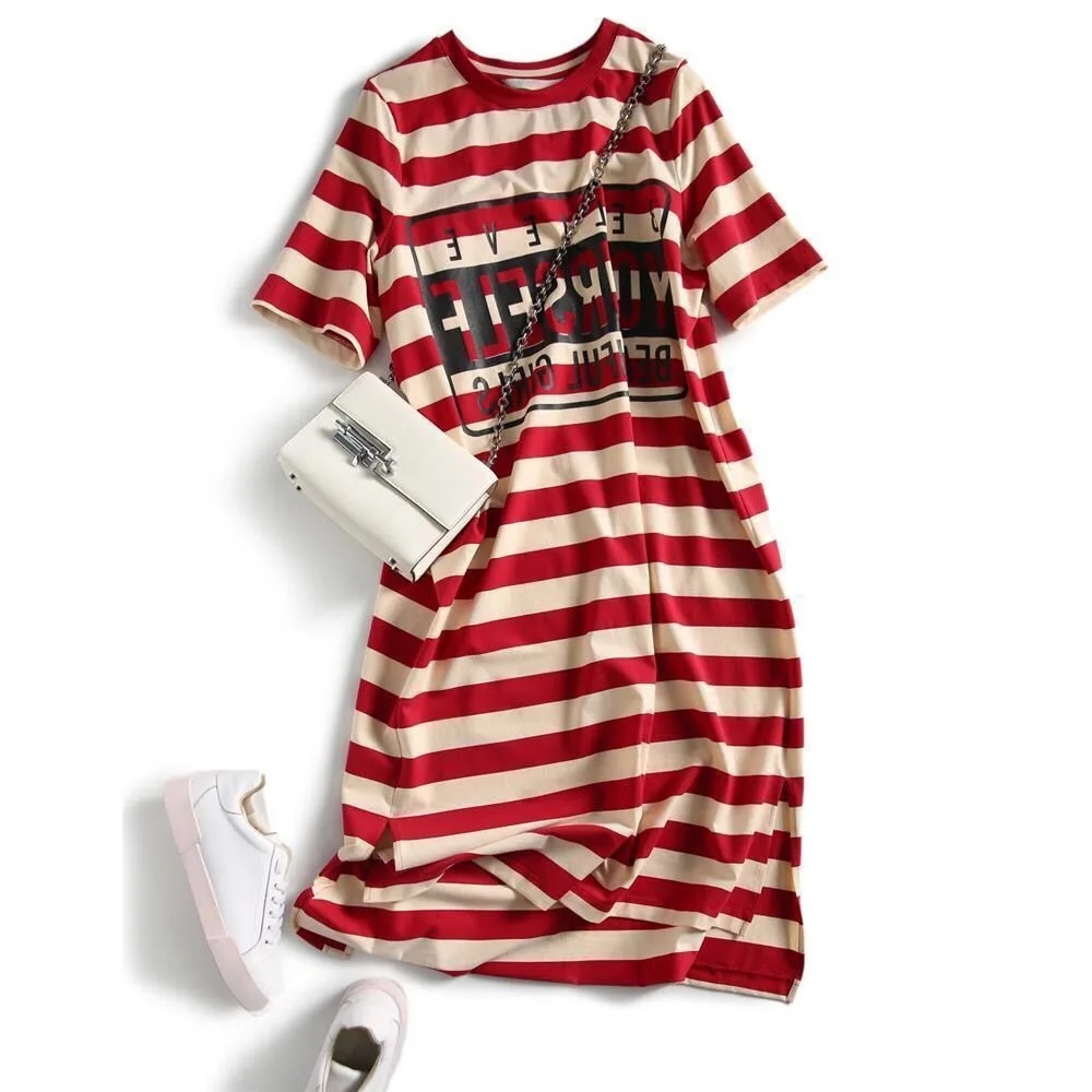 

2021 Summer Loose and Thin Striped Printed T-shirt Dress Women's Student Korean Mid-length Fairy Skirt Women Fashion Clothing
