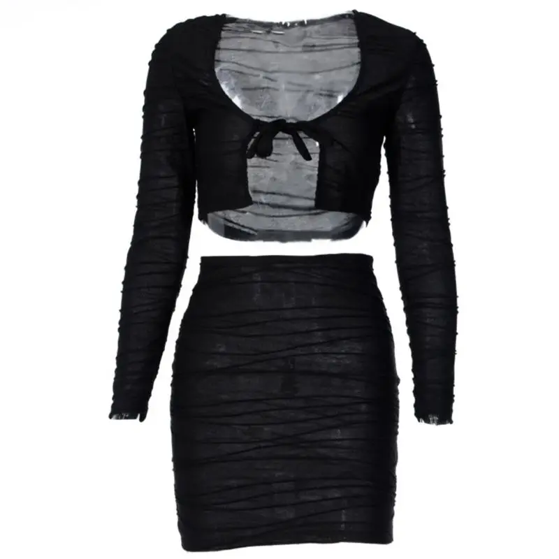 

Women Autumn 2 Piece Outfits Set Long Sleeve Tie Front Crop Top Bodycon Mini Skirt Solid Color Pleated Crumpled Striped Party