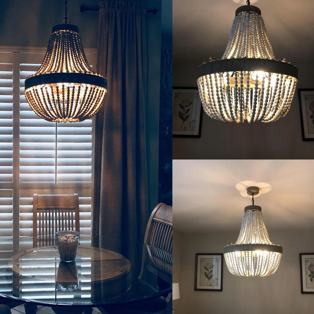 

White Wooden Beads Pendant Lamp LED Lights Lime American Country Style Retro E27 AC 110V 220V Chain Pendant Dining Room Wood