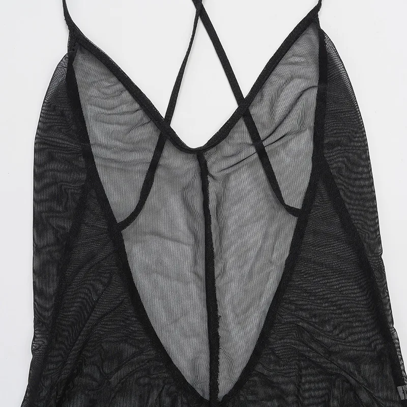 

Cryptographic Black Mesh Sexy Backless Sheer Playsuits Romper Party Club Sleeveless Jumpsuits Fashion Outfits Female Playsuit