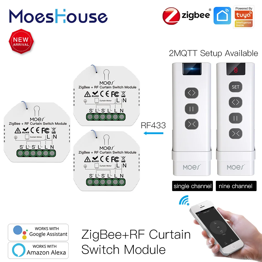 

MoesHouse ZigBee DIY RF433 Smart Curtain Switch Module for Motorized Roller Blinds Motor 2MQTT Tuya Smart APP Alexa Google Home