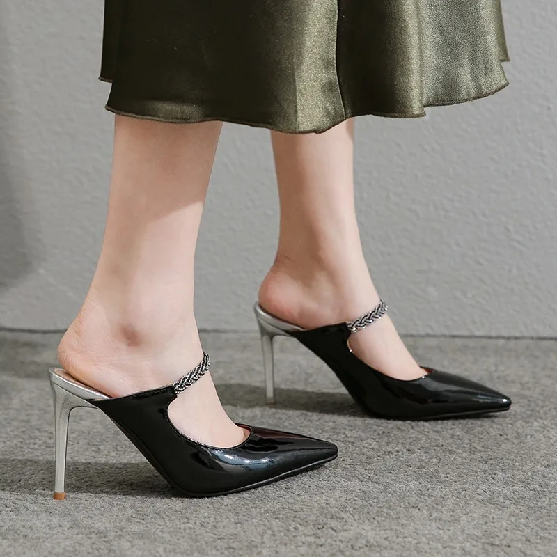 

Fashion Sexy OL High Heels 2021 Women Shoes Black Sexy Bling Patent Leather Pointed Toe Stiletto Heels Nude Mules Pumps Size 43