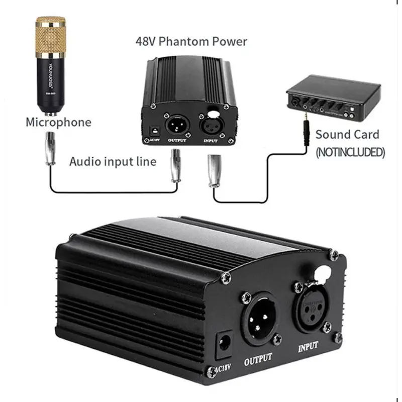 

48V Phantom Power Supply with Adapter AU US EU Plug for Condenser Karaoke Mic 3.4x3.6x1.8in