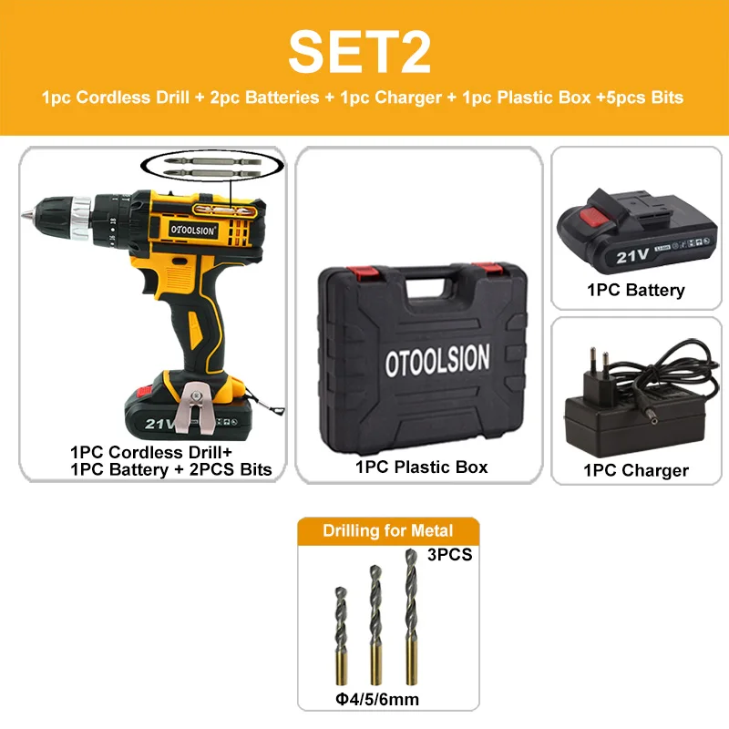 SET2(2PCS Battery) Переменная скорость 21 в ударная Беспроводная отвертка на батареях шуруповёрт электрические инструменты ударное воздействие молоток+ аксессуары для электрической дрели - Цвет: SET2(2PCS Battery)