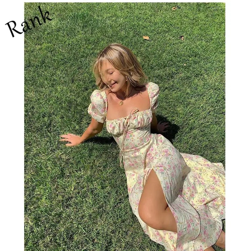 

Rank 2021 Summer Women's Short Puff Sleeve Floral Sexy Print Dress Elegant Folds Party High Slit Long Dress Drawstring Sundress