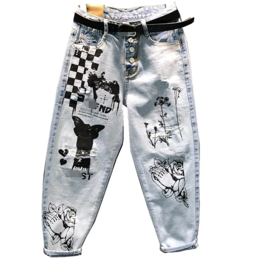 

spring new fashion hole jeans women loose printed ankle length harem pants