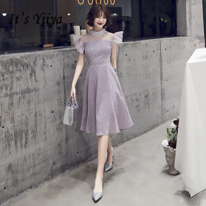 

Prom Dresses It's Yiiya BR354 High Collar Sleeveless Formal Dresses Shiny Sequin Vestidos De Fiesta Tea Length Party Gowns