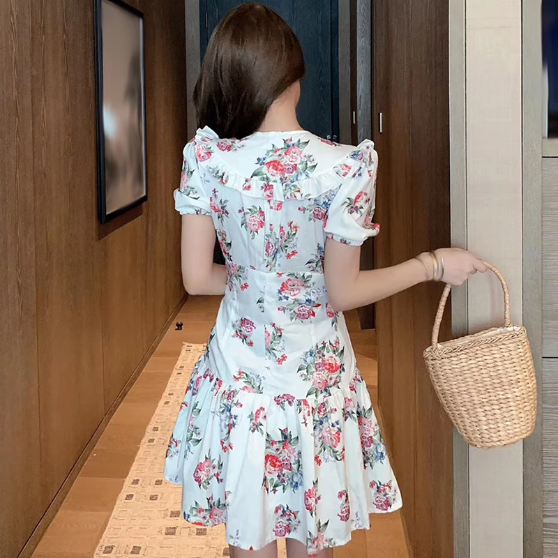 

ECRURANI Vintage Dress For Women V Neck Puff Short Sleeve Floral Hit Color High Waist Slim Dresses Female Summer Clothing 2021