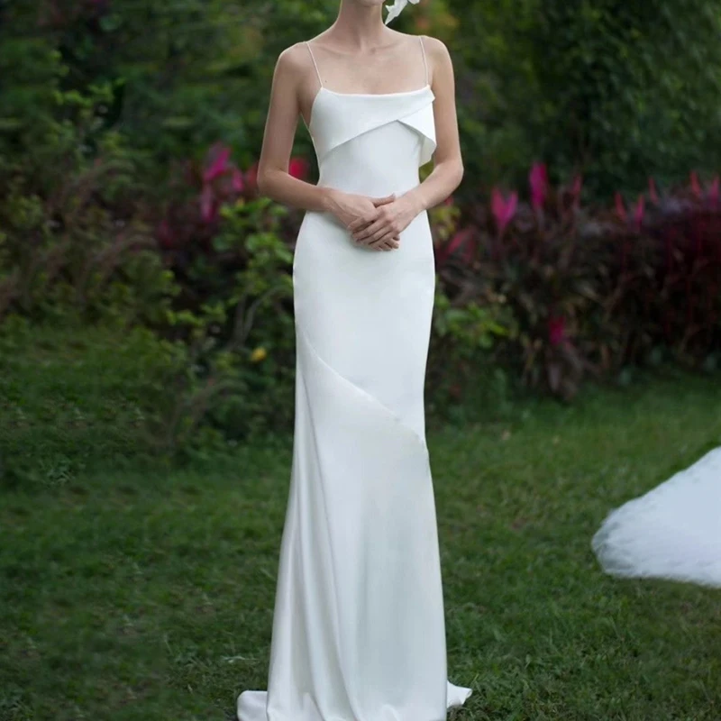 Satin Spaghetti Straps Wedding Bride Dress Mermaid Low Cut Zipper Simple Backless Elegant Bridal Gown Plus Size Custom Made #979