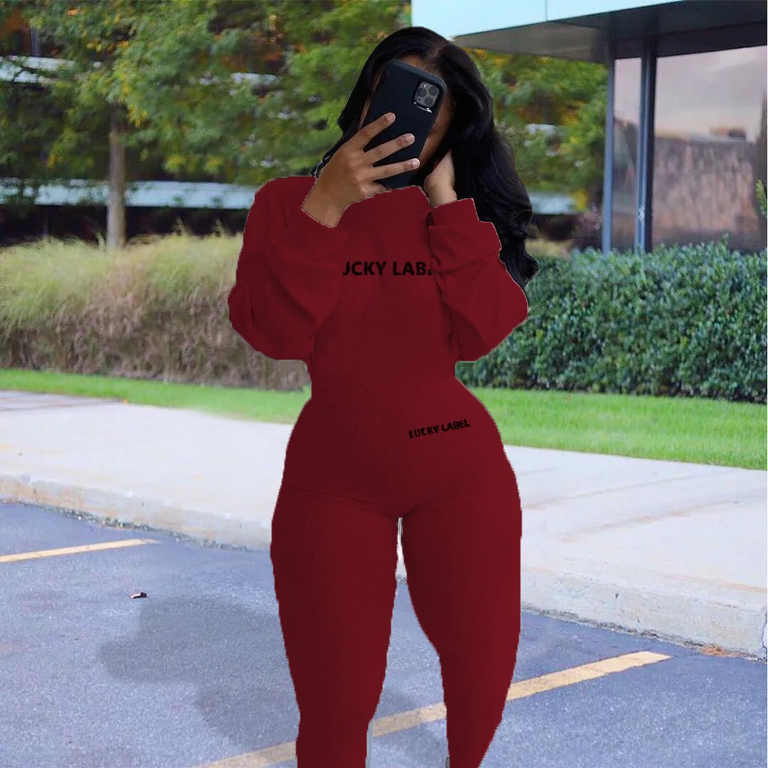 

FNOCE Cross-border Foreign Trade Women's fall/winter Hot Style Super Soft Ribbed Embroidery Stretch Big Fitness Jumpsuit