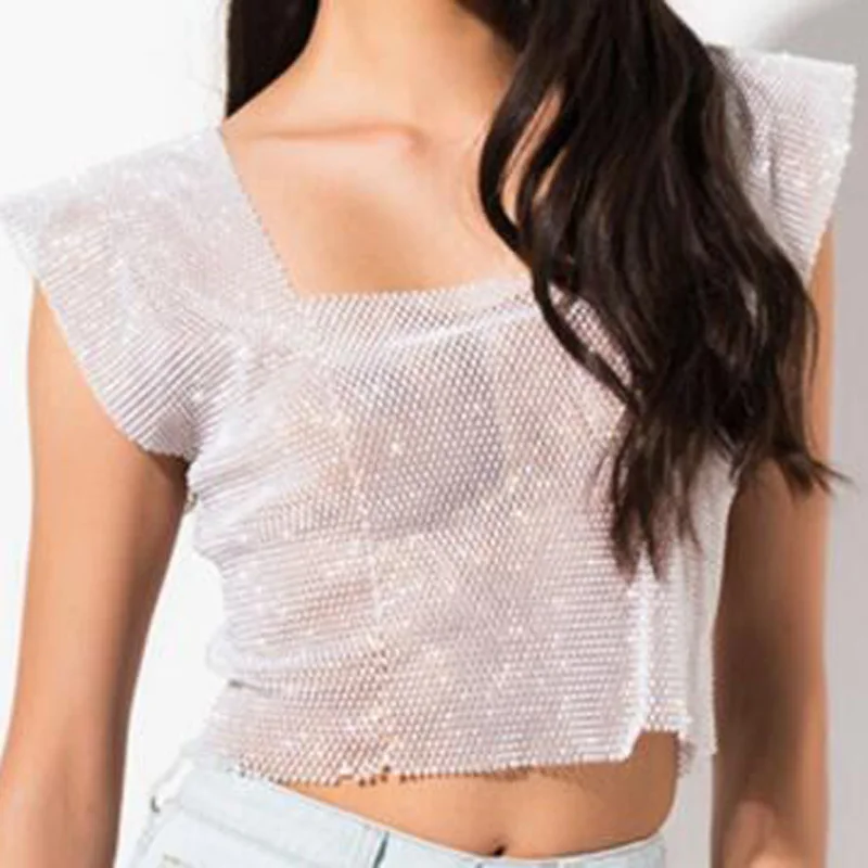 Sparkly Rhinestone V Neck Tank Top For Women Candy Color Mesh Sexy Hollow Festival Wear Sexy Bra Holiday Burning Man Outfit