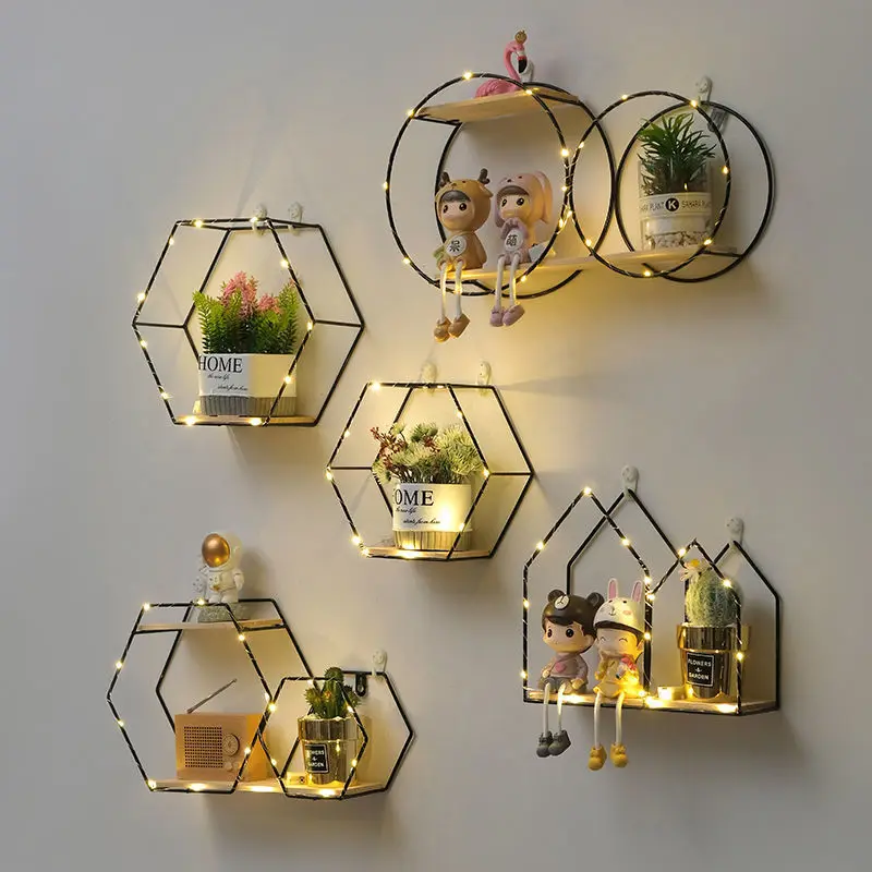 

Shelf Free Punching Wall Hanging Storage Rack Art Crafts Metal Wall Holder with Colorful Lights Bedroom Home Decor No Ornaments