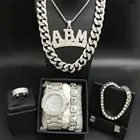 Роскошные мужские часы серебряного цвета, ожерелье, браслет, кольцо и серьги, комплект из кубинской подвески, ювелирные изделия в стиле хип-хоп для мужчин