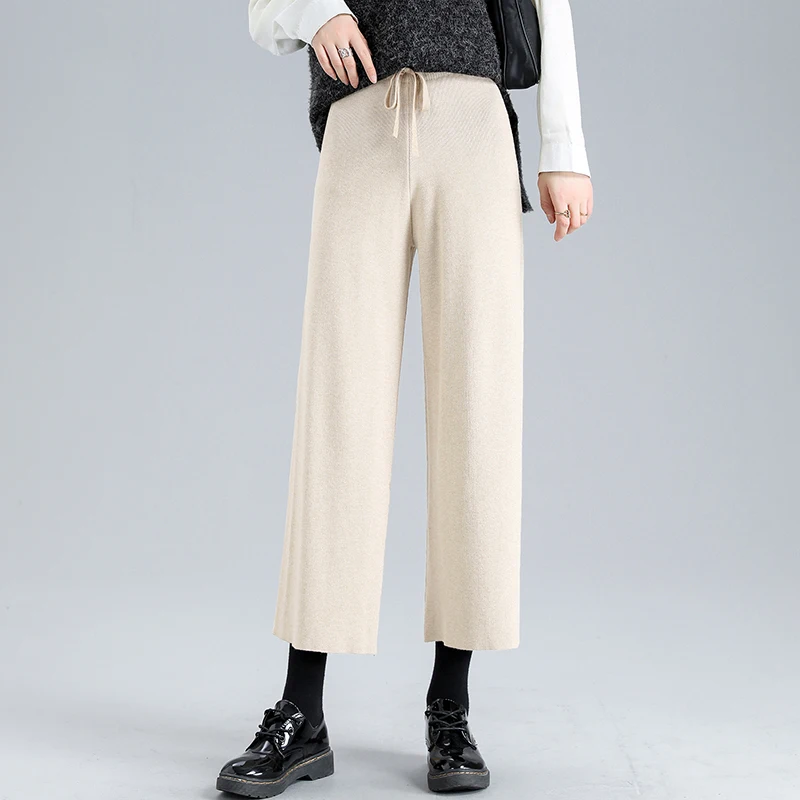 

Women High Waist Wide Leg Knitted Pants Streetwear Casual Straight Trousers with Drawstring