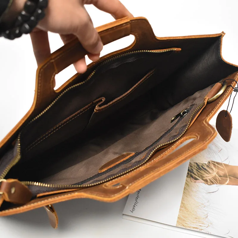 

Vintage Handmade Crazy Horse Leather 13" Briefcase Genuine Leather Men A4 Document Bag Handbag