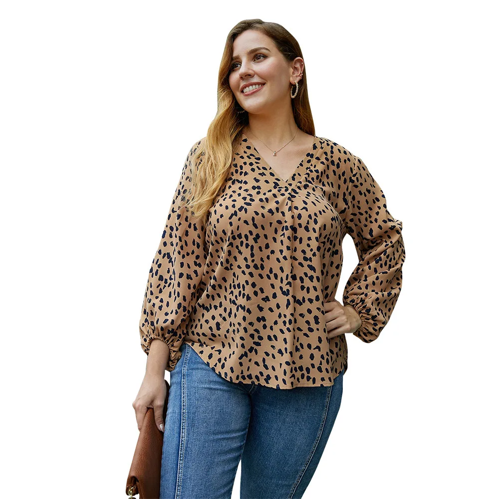 

DOIB Large Size Leopard Blouse Shirt V Neck Lantern Sleeve Oversize Tops Blouse Women Vintage Plus Big Size Shirt 4XL