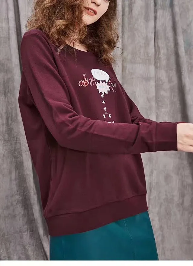ElfStyle стильная бордовая Толстовка с длинным рукавом и круглым вырезом принтом