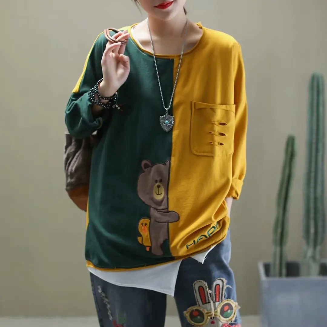 Женская Винтажная футболка с карманами универсальная свободная большого