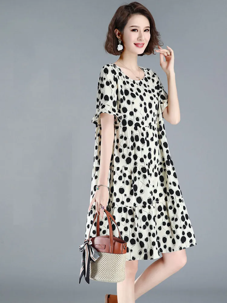 

Модное женское платье в горошек, летнее облегающее платье средней длины большого размера с цветочной юбкой в Корейском стиле