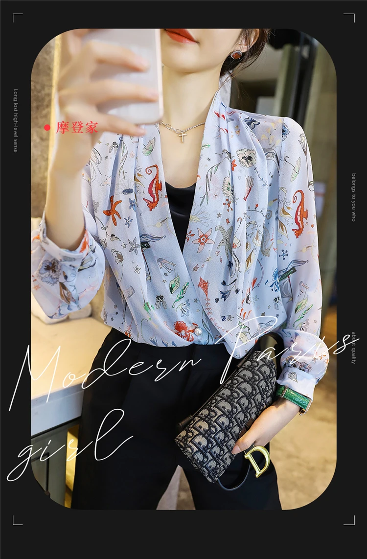 

ultra-thin silk top women's large V-neck age-reducing printing hollow-out transparent silk shirt shirt