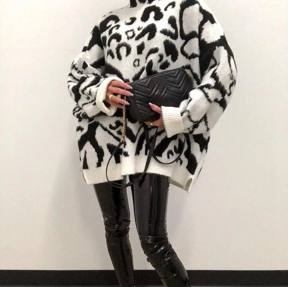 

2020 Turtleneck Loose Sweater Women Zebra Knitted Long Sleeve Sweaters Autumn Winter Oversized Jumpers Casual Pullover Tops